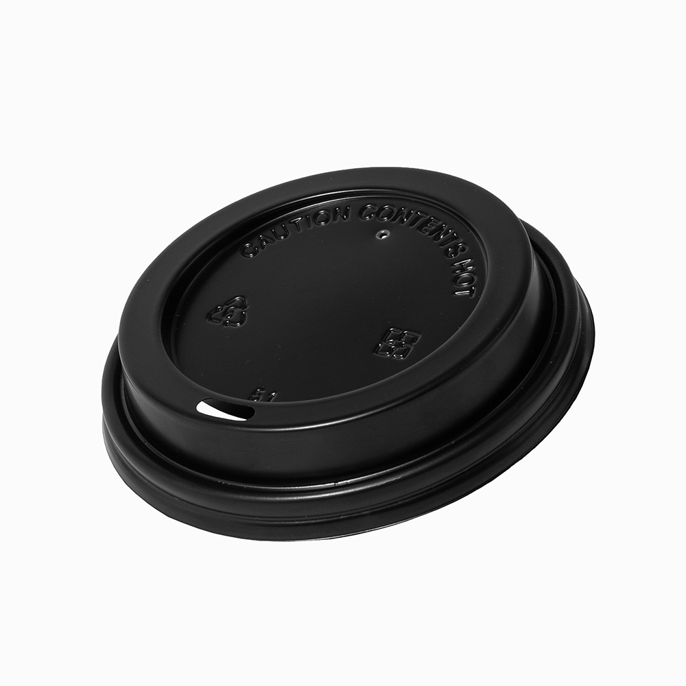Black 90mm flat coffee cup lid, top view