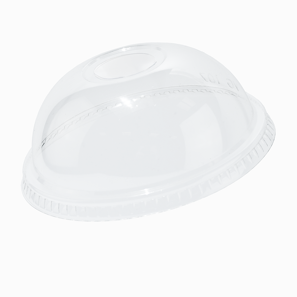 Clear 107mm dome lid with perforated straw tab for 32 oz cups