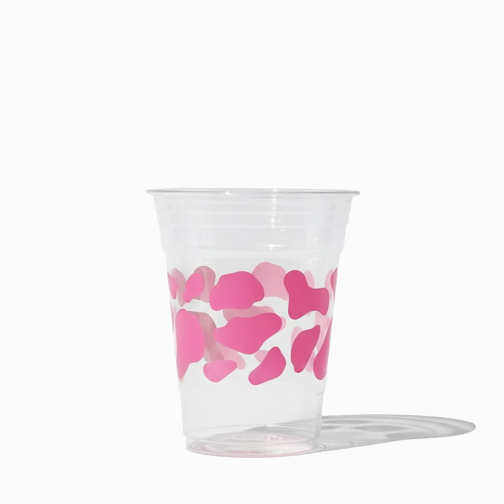 UNIQ 16 oz Pink Cow Print Clear PET Cups – Disposable – 1000/Case