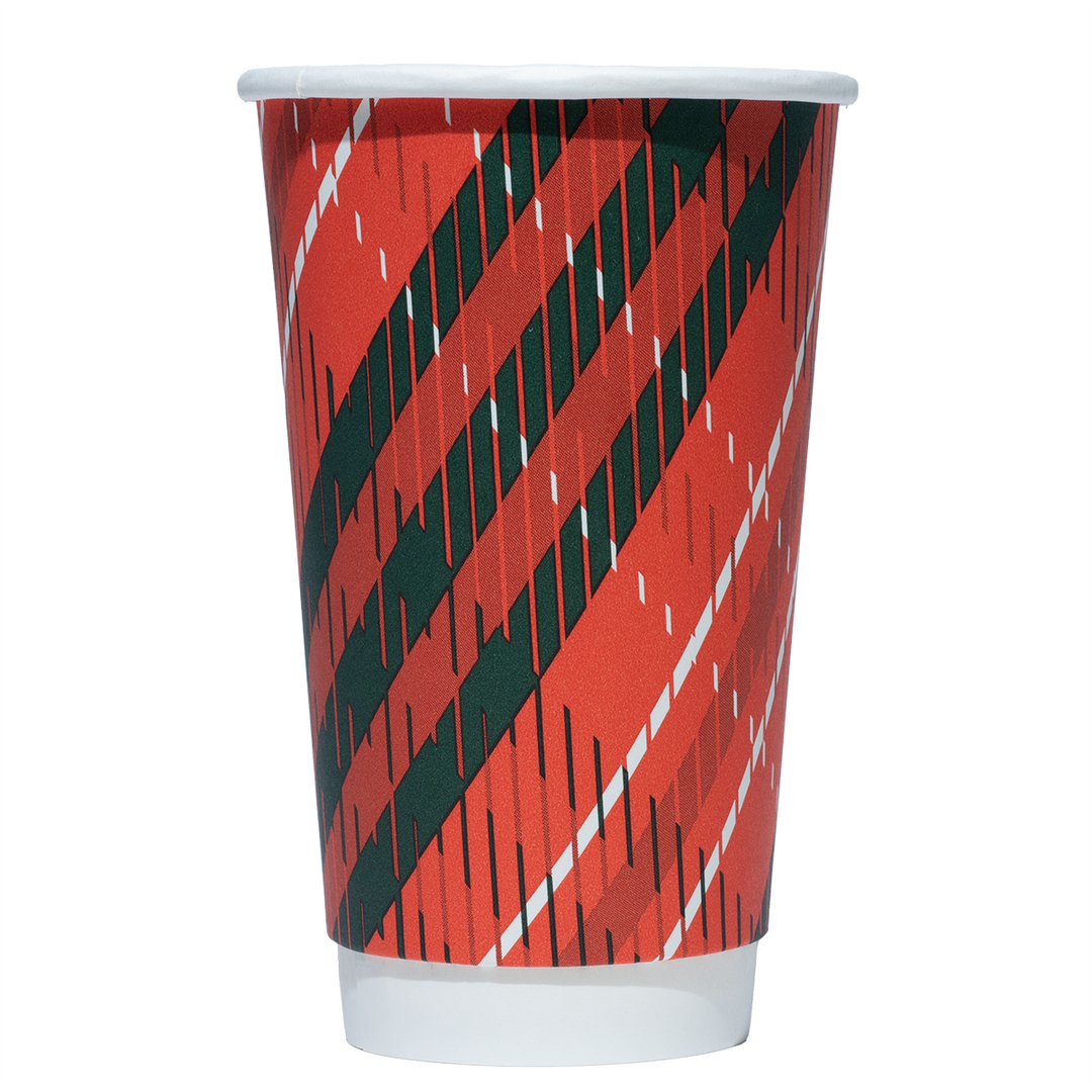 UNIQIFY 16 oz Double-Wall Winter Plaid Paper Coffee Cups - Hot Cup Factory