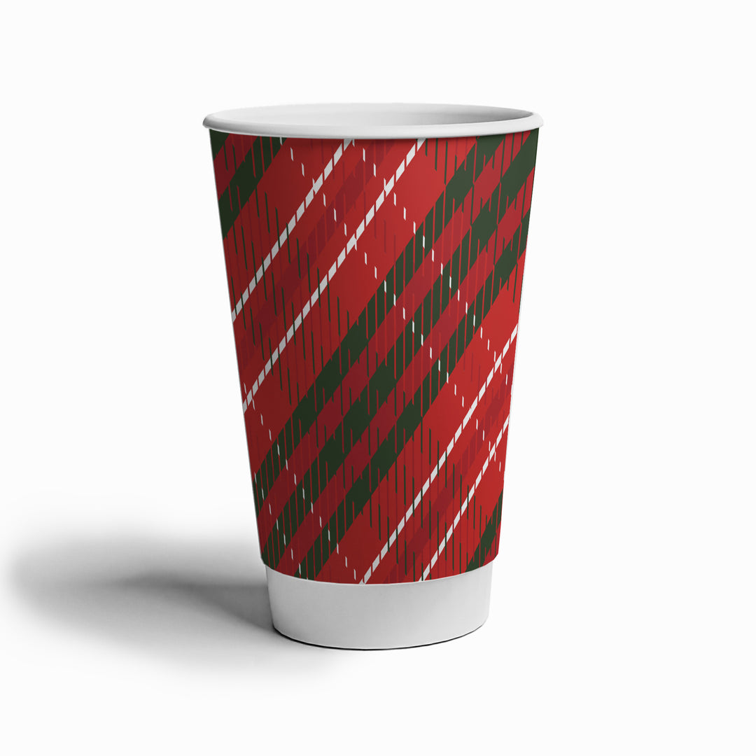 UNIQIFY 16 oz Double-Wall Winter Plaid Paper Coffee Cups - Hot Cup Factory