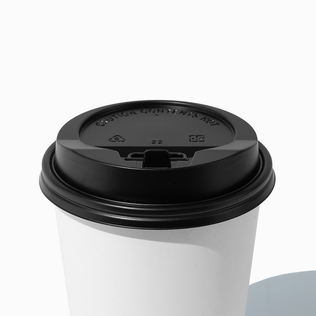 Black flip top coffee cup lid, reclosable tab