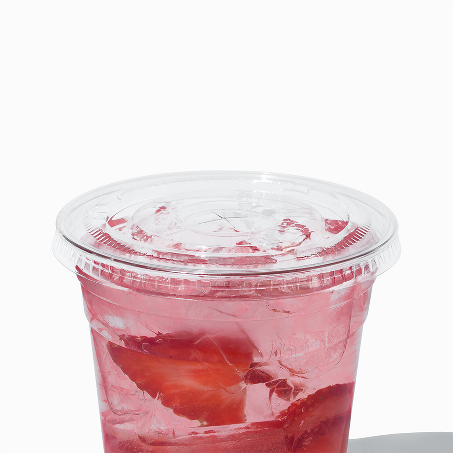 Clear flat plastic cup lid with straw slot, 98mm