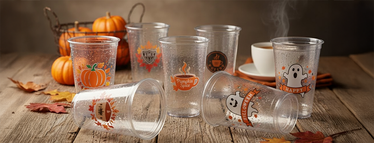 Custom printed PET cups in multiple sizes