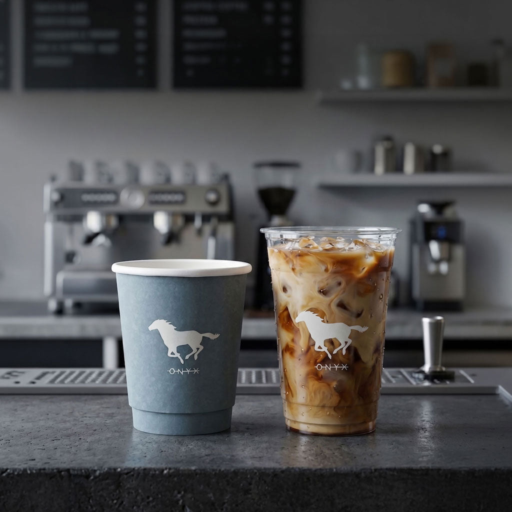 Two Onyx-branded coffee cups from Hot Cup Factory